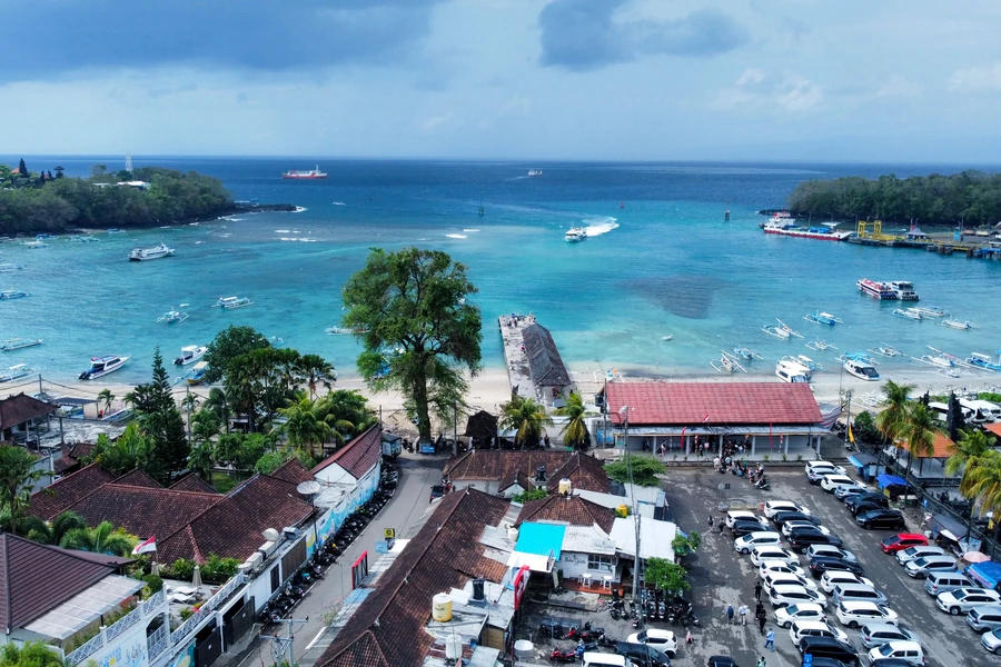 Aerial view of Padang Bai as a base for a diving holiday